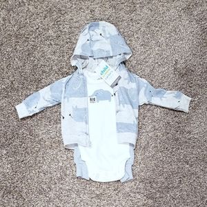 3pc Elephant BIG HUGS Striped Full Zip Hoodie + Onesie + Pants Set, Baby Newborn